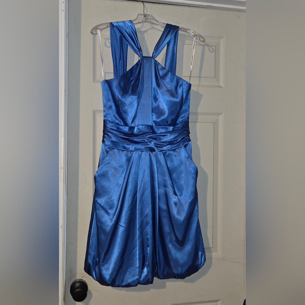 David's Bridal Blue Halter Backless Ruched Dress